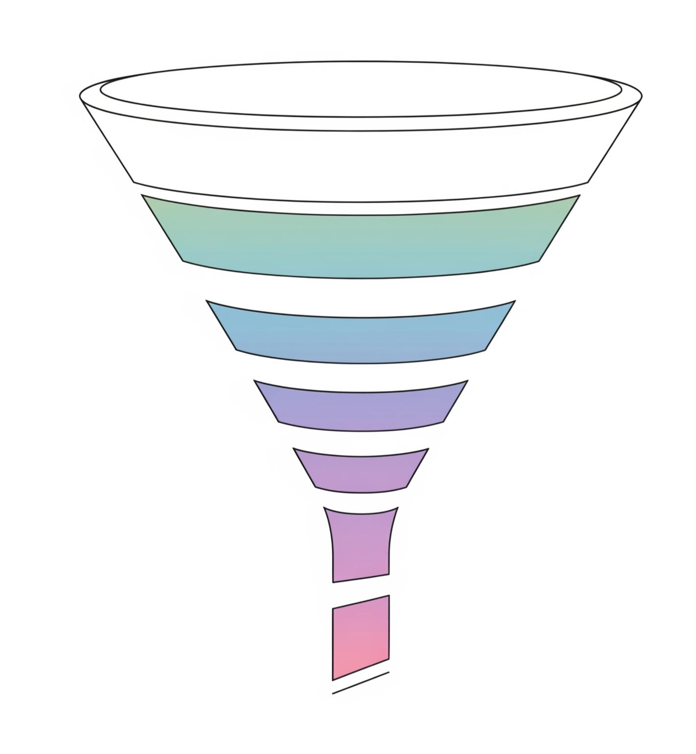 A minimalist illustration of a marketing funnel with clean lines and colorful, gradient layers, representing the stages of customer conversion.
