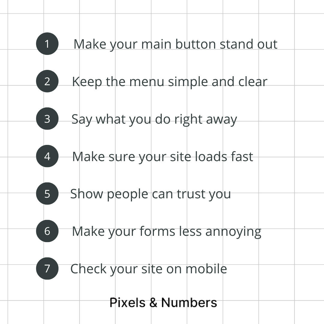 List of fixes on a light transparent grid background with dark black buttons from 1 to 7 explaining what website fixes improve conversions.