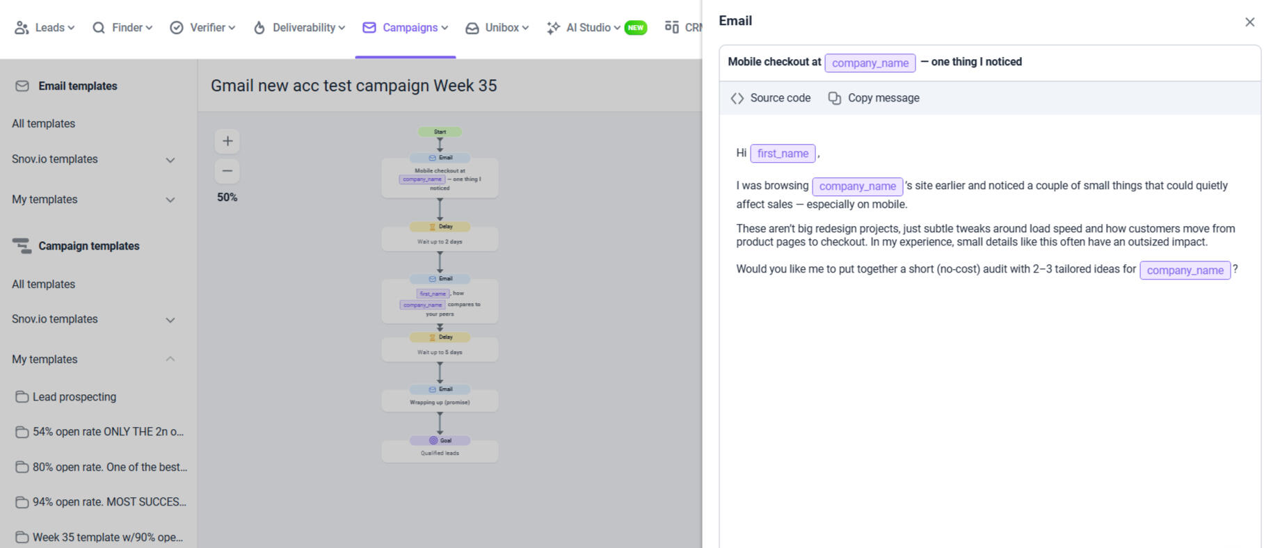 Cold email template sequence in Snov.io Templates of cold email copy and subject lines with a 3 email sequence targeted at e-commerce brands.