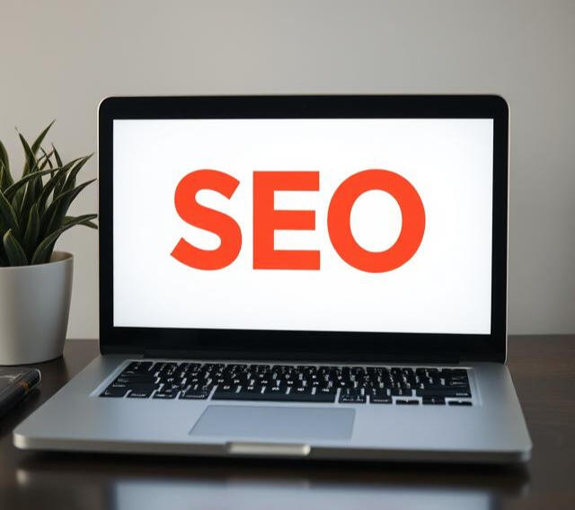 Laptop displaying large red SEO text