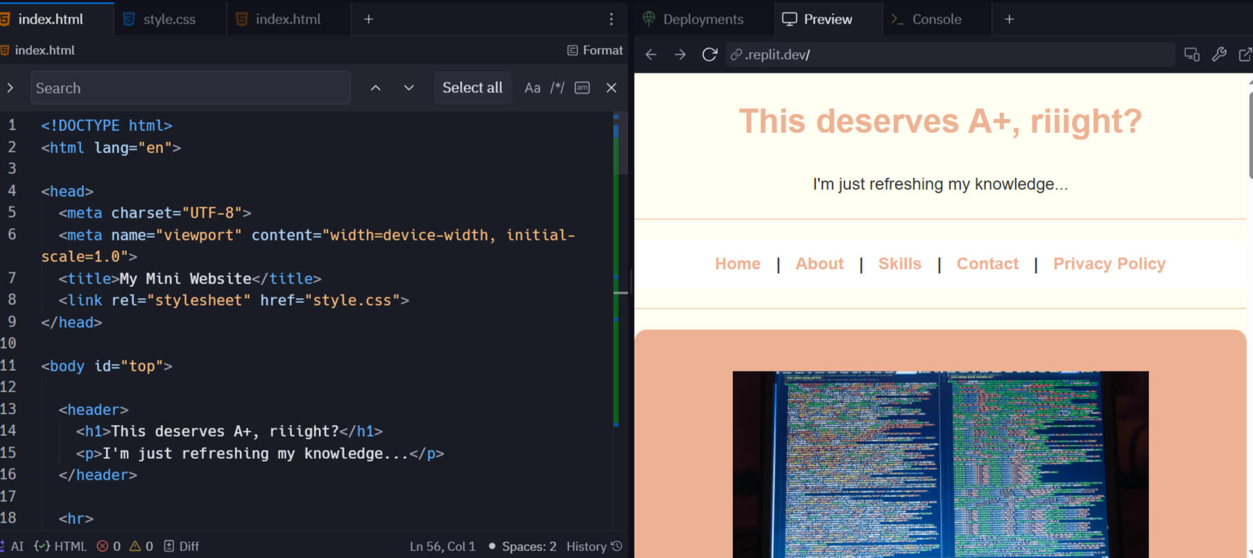 A simple static website A simple static website with an example of hmtl on the left side, and a live preview to the right
