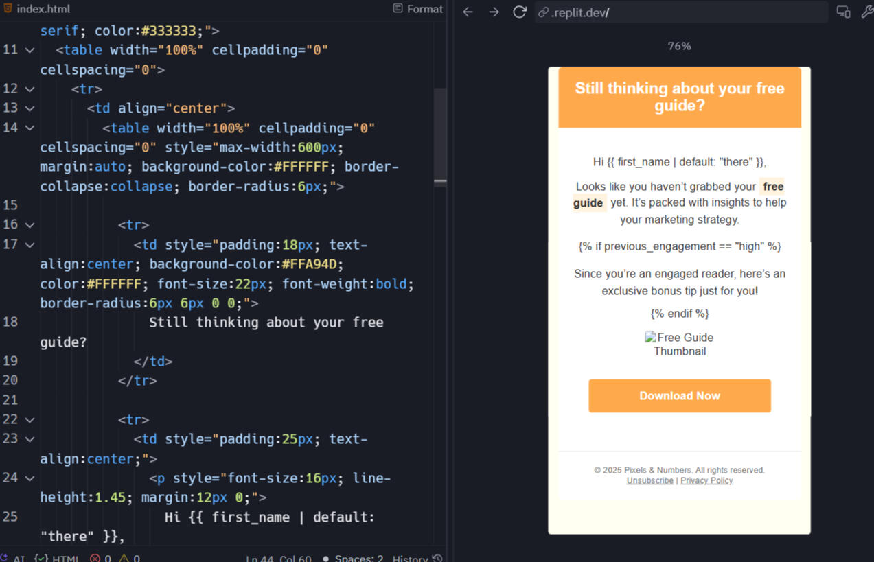 HTML/CSS email template in Replit An HTML code on the left side with an email preview on the right one in Replit.